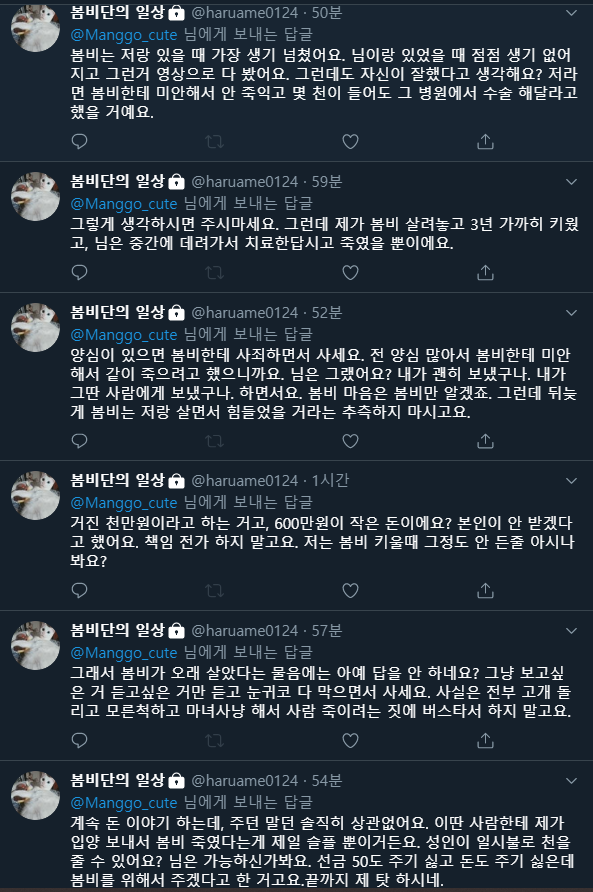 DM에서 버스 여러번 타는게 힘들어서 광주 수의대를 안가셨던 분이 아이의 죽음에 대한 책임을 전가하네요. 행동이 추잡스럽습니다. 돈 안받고 유골함 안드리기로 결정했다는데, 왜 마지막까지 구차하게 행동하시나요?