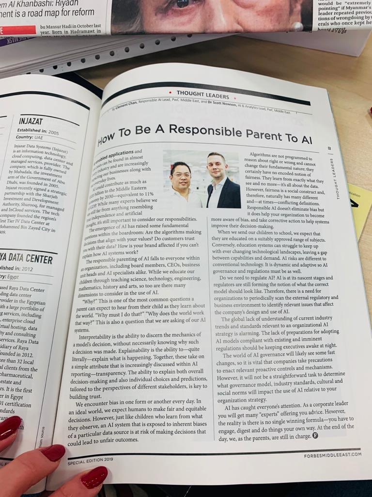 VoiceofClem's tweet photo. How to be a responsible parent to #AI, written by ⁦@DrNowson⁩ and I in this month’s ⁦@ForbesTech⁩ | #PwCResponsibleAI #IntelligentDigital ⁦@PwC_Middle_East⁩ ⁦@PwC⁩ ⁦⁦@AnandSRao⁩ ⁦@RobMcCargow⁩ ⁦@maria_axente⁩ ⁦@MikeQuindazzi⁩ https://t.co/MOvbzoKDSF