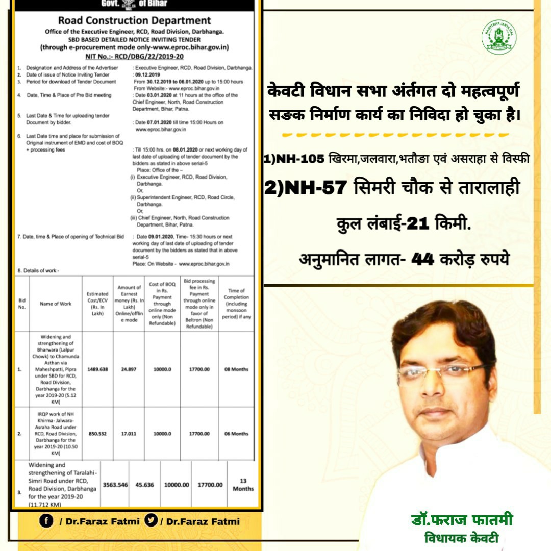 Keotividhan86's tweet image. माननीय विधायक केवटी @mlafarazfatmi के प्रयास के बाद विधान सभा की दो महत्वपूर्ण सङक निर्माण कार्य का निविदा प्रक्रिया के पश्चात कार्य प्रारंभ कर दिया जाएगा।
1) खिरमा-जलवारा-असराहा एवं विस्फी सीमा
2) सिमरी से तारालाही
#Developnment