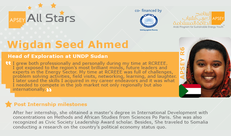 RCREEE's tweet photo. Meet Wigdan Ahmed, #APSEY R6 intern who is currently holding the position of Head of Exploration at UNDP - Sudan.
#APSEY is a regional sustainable energy internship program cofinanced by @TheOPECFund  since 2014.  More: https://t.co/PDE2WDg1sE #ASPEY #All_stars #internships https://t.co/7pTPHDUPcl