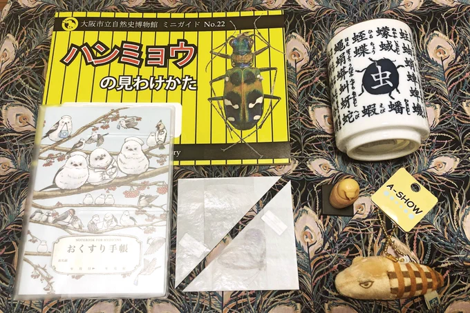 今日行った #博物クリスマス&ミイラ展のおみやげ 全部ものすごく良くて、ワニのミイラのキーホルダーと三角紙しおりには特に驚かされた…大切にします 