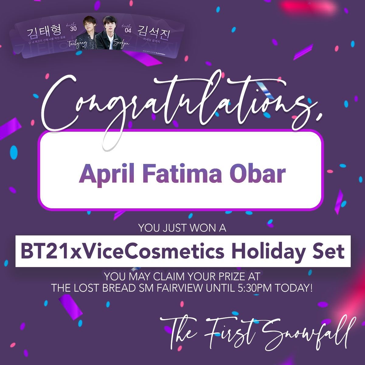 _kloversph's tweet photo. Congratulations @army613jkpurple! You just won a raffle prize from #TheFirstSnowFall Cup Sleeve Event by @_kloversph. You may claim your prize at #TheLostBreadSMFairview until 5:30pm today. https://t.co/LuZDkYnt7B