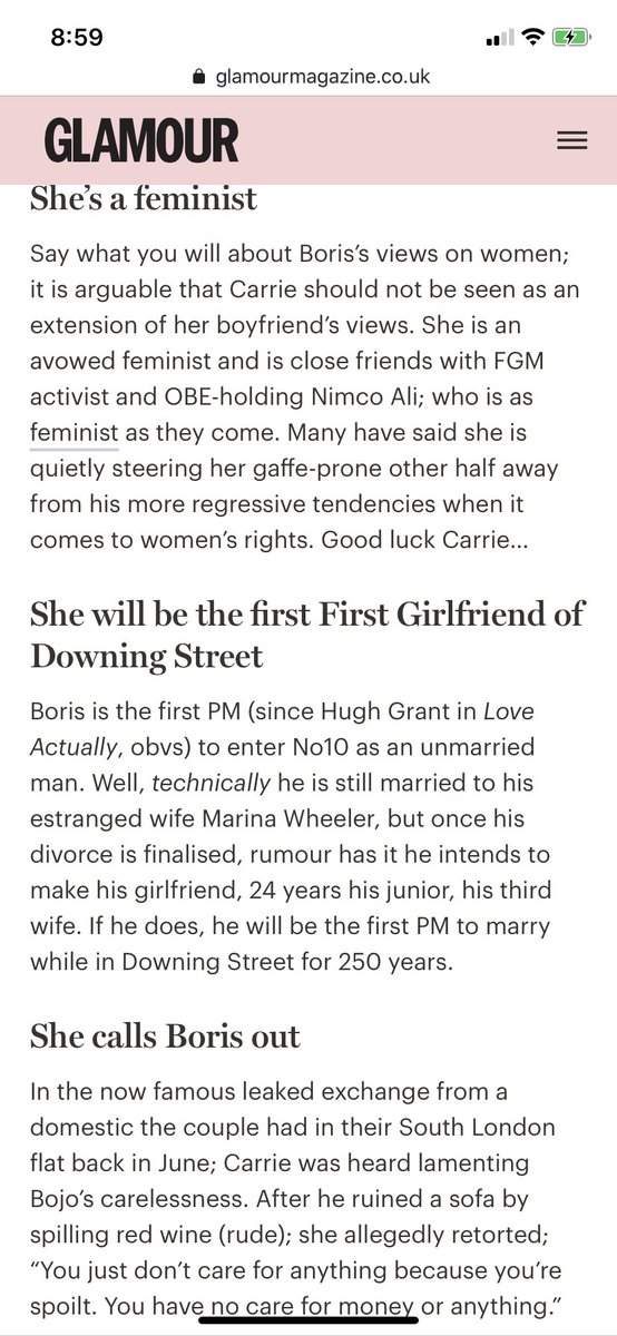 Sarah_Woolley's tweet photo. I feel sorry for good writers at Glamour when it normalises Carrie Symonds’ bigoted party and her racist partner. And yes she is complicit in that. 

Same piece describes Nimco Ali “as feminist as they come” after her comments on ‘bum boys’.

Hope their office isn’t this toxic. https://t.co/P9heruVXmb