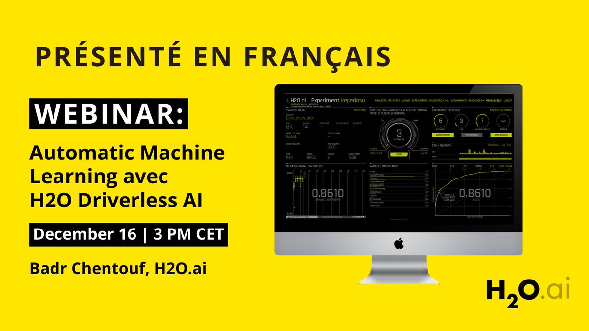 h2oai's tweet photo. [Webinar] Présenté en Français! Ce webinar présentera une introduction à l’utilisation de #DriverlessAI, la plateforme d’automatic machine learning, qui permet aux #datascientistes de tous niveaux d’accélerer leurs projets de #datascience. Registre ici: https://t.co/YNcT2DDxql https://t.co/QB0xjymXS8