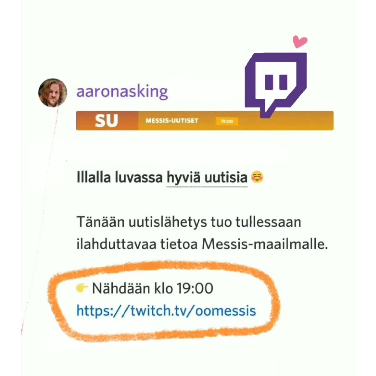 oomessis's tweet photo. Vanha kunnon Messis-uutiset -striimi tänä(kin) sunnuntaina seiskalta 😊🍿🔥 https://t.co/ipMZc91DWG