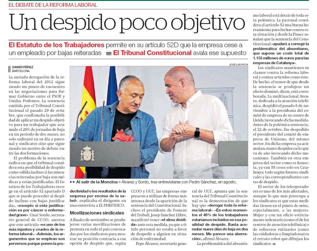 CCOO's tweet photo. 🗞️ @elperiodico "Un despido poco objetivo"
@UnaiSordo "Es uno de los más injustos y crueles de la reforma laboral"  
Art. 52D Estatuto de los Trabajadores, despido por bajas justificadas

https://t.co/0upgAXPkYK https://t.co/Ctv2LV1IAI