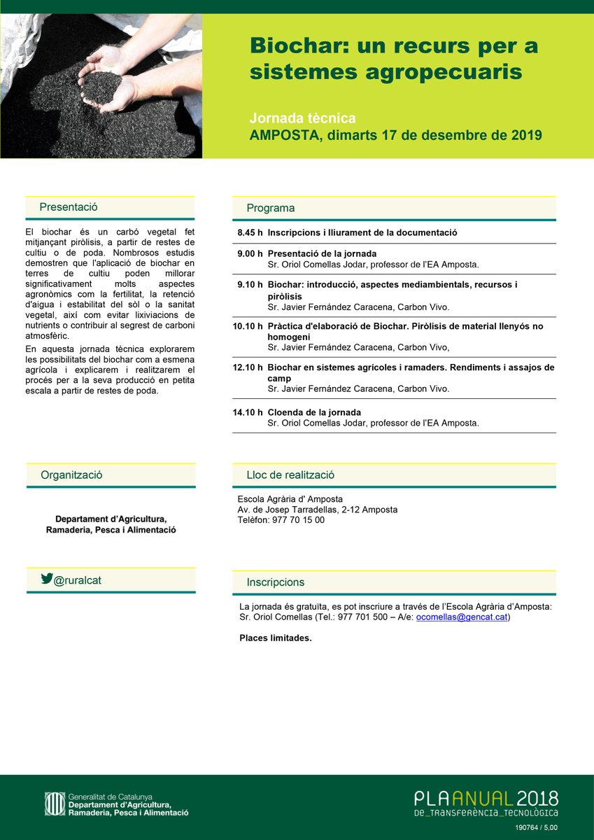 ruralcat's tweet image. 📌Jornada tècnica "Biochar: un recurs per a sistemes agropecuaris". #PATT2019

📅17/12
🕝8.45h
📍Amposta
ℹ️bit.ly/2YOVzMx @agriculturacat