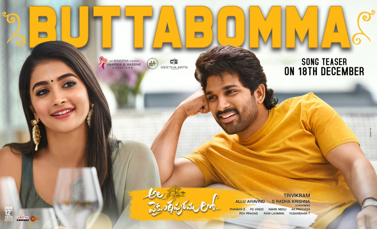 A beautiful melody that will string your hearts, #ButtaBommaSongTeaser from #AlaVaikunthapurramuloo audio will release on 18th Dec 🎶❤😍 @alluarjun #Trivikram @hegdepooja @MusicThaman
