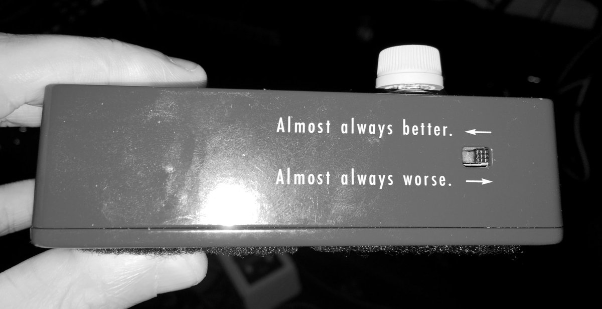 This is a photo of the side plate of the Klon KTR drive pedal. It shows a switch that has two possible settings. Above the switch, it says "almost always better." Below the switch, it says "almost always worse." The switch is in the "almost always worse" position.