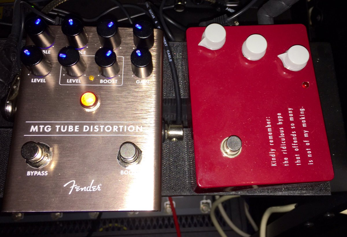 This photo shows a Klon KTR pedal into a Fender MTG Tube Distortion pedal. The KTR is off, and the MTG is on.