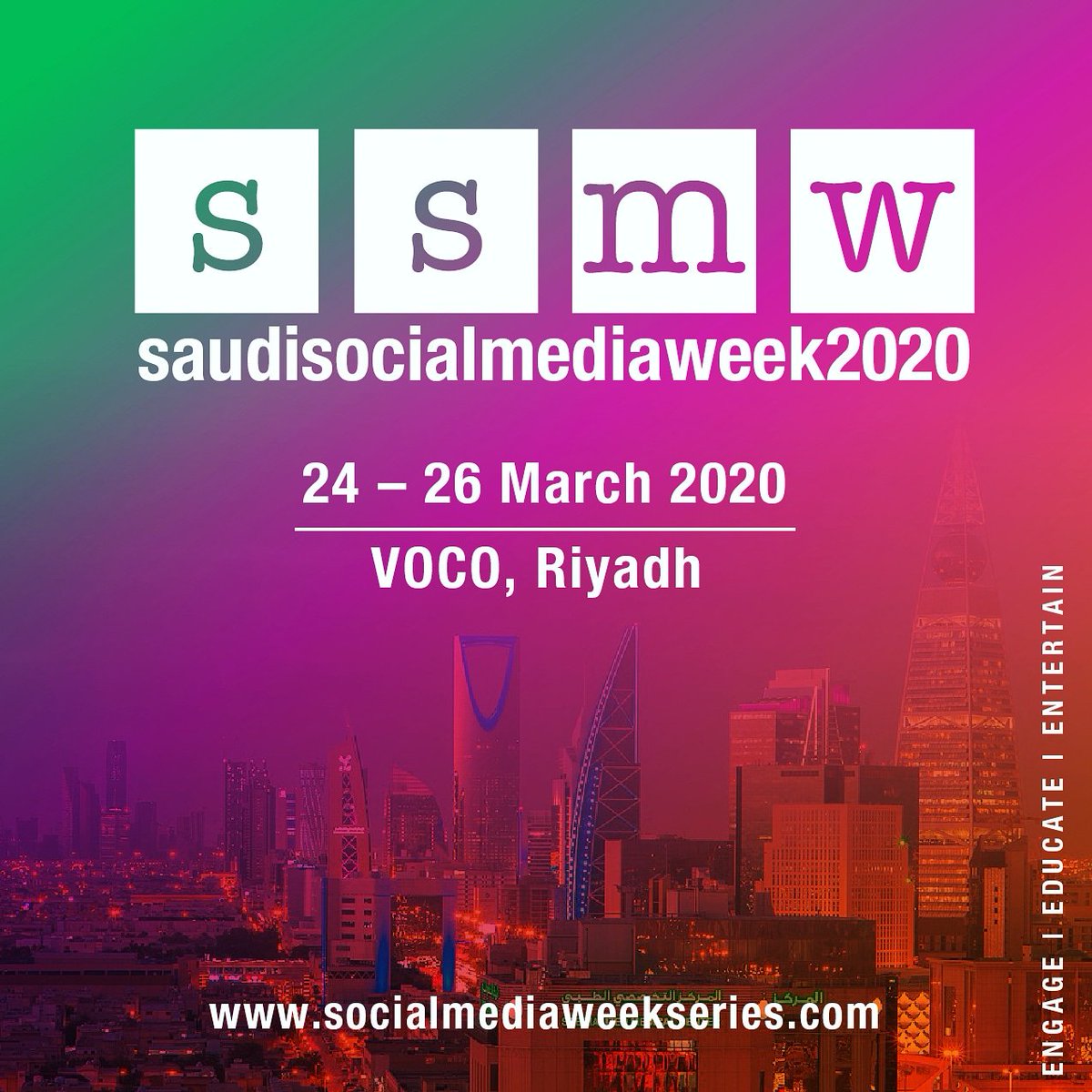Ssmw2020's tweet photo. We had fun last year at #SSMW2019 in Jeddah! This year, Saudi Social Media Week will be going to VOCO Riyadh on 24th to 26th March 2020, so make sure you save the date!
#SSMW2020

#SocialMedia #workshop
#conference #summit #award #saudiarabia #riyadhevents   #digitalmarketing https://t.co/FvuL11u6Sq