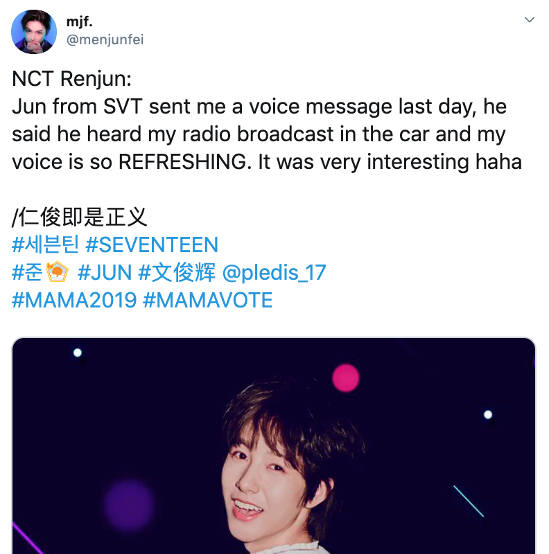 191213 DJ Renjun on Yuedong Seouljun sent renjun a voice note just as he listened his radio to tell him that his (renjun)'s voice is refreshing lmao