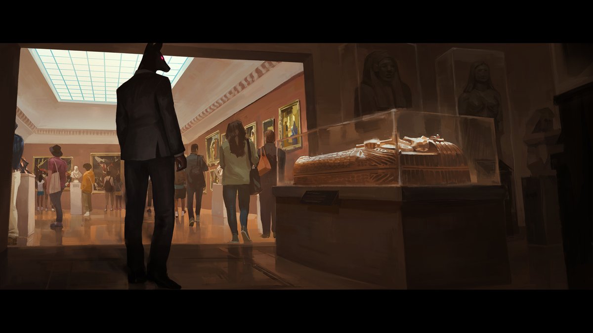 A lone Anubis, in a black suit, looks over at a sarcophagus, reminiscing on an old friend.