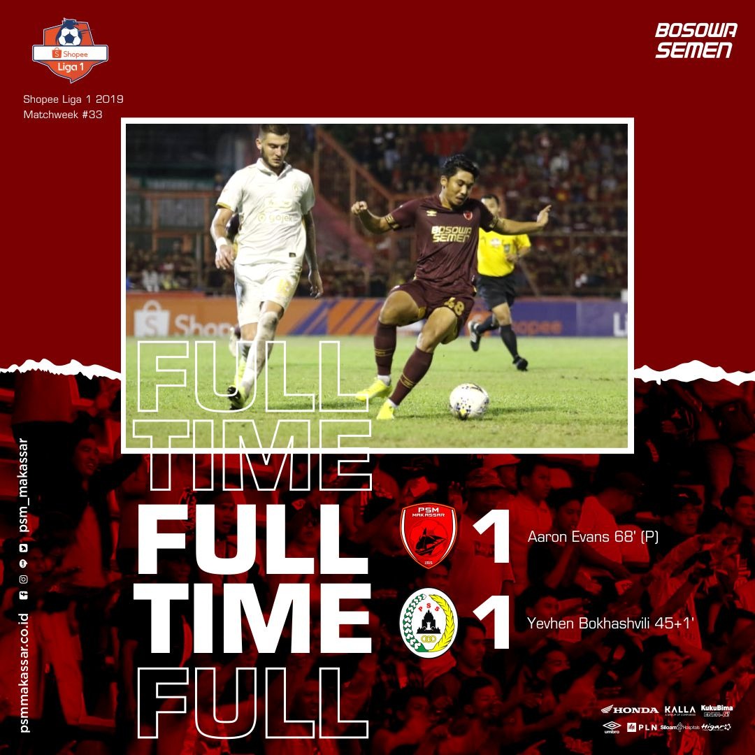 PSM_Makassar's tweet photo. Full Time
PSM Makassar 1 - 1 PS Sleman
Tetap menerapkan all out attack sejak detik pertama babak kedua, Juku Eja hanya mampu menyamakan kedudukan.
#PSMarise #EwakoPSM #ShopeeLiga12019 #PSMvPSS https://t.co/2aXXPR3O9b