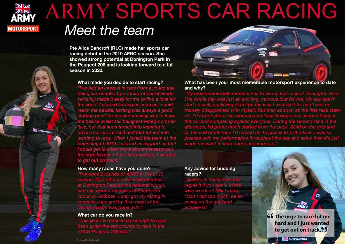 ArmySportsCar's tweet photo. Meet the team. An article featuring one of our female team members, Alice Bancroft. @ArmySportASCB @ArmySportsLTRY @BritishArmy #motorsport #cars #racing #army #armysportscarracing https://t.co/QgrzR7SCxm