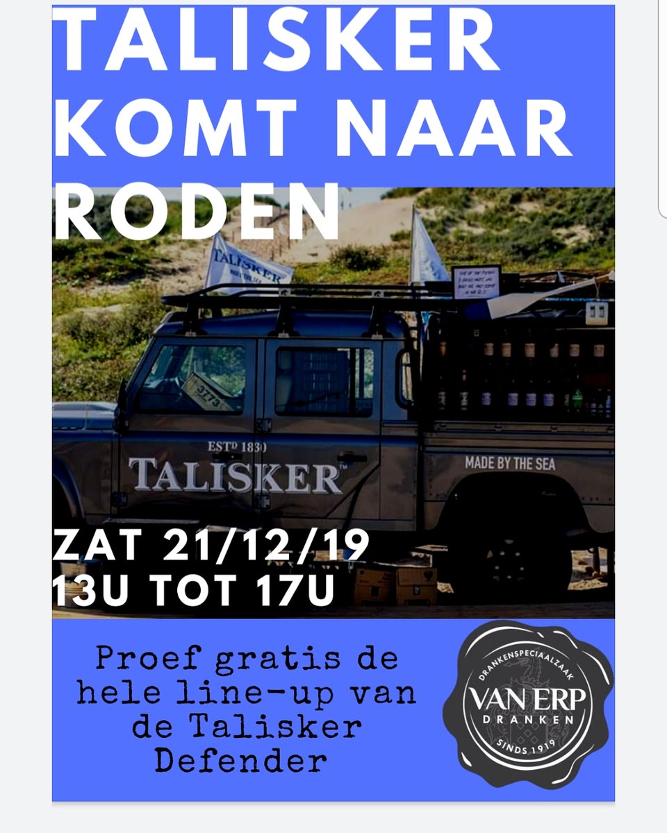 Zaterdag 21 december van 13u tot 17u komt de Talisker Defender naar Roden. De gehele whisky collectie van Talisker is gratis te proeven. 

Ook zorgen wij voor andere opwarmers. Kampvuur en warme chocolademelk.