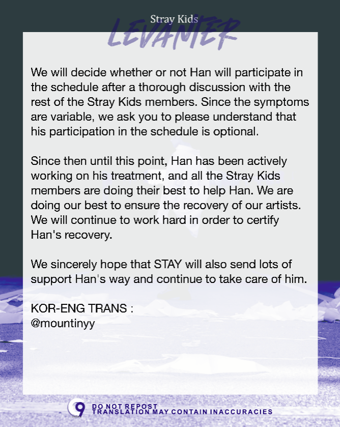 StrayKids_C9's tweet photo. @Stray_Kids [#C9TRANS]

Information about Han's schedule and health status https://t.co/NYq8sZEYu8