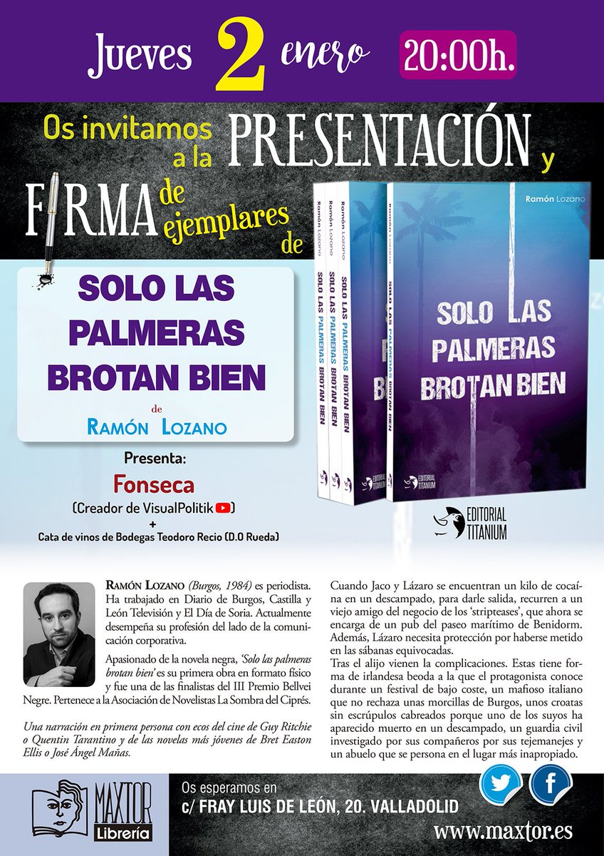 Novela, vinos y un youtuber. ¿Qué te parece esta forma de empezar el año? 🥳🥳

El 2 de enero, perfecto para completar esos regalos de #ReyesMagos, <a href="/Sr_Fonseca/">Fonseca</a> <a href="/bodegasteodoro/">Bodegas TeodoroRecio</a> y yo te esperamos en <a href="/libreriamaxtor/">LIBRERIA MAXTOR</a> a las 8 de la tarde. 
#novela #valladolid @edt_titanium