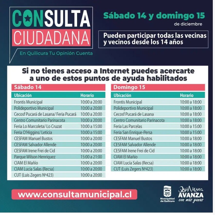 accion_vecinal1's tweet photo. El plazo vence hoy vecinos de #Quilicura tod@s a votar ✊🏻 lo pueden hacer en los siguientes puntos físicos o en https://t.co/80BhkVWeIZ @AlertaQuilicura https://t.co/ASpfatdpzZ