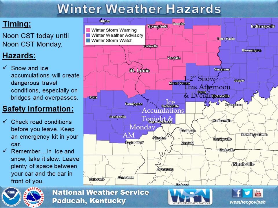 Arden14News's tweet photo. Winter Weather Advisory for IN &amp; most of SE IL. Minor snow &amp; ice accumulations are possible this afternoon &amp; tonight, which could cause slick spots on the roads. Still looks like KY will get mainly rain. If we get any significant snow accum., it will most likely be north of I-64. https://t.co/EC3yJKYtcy