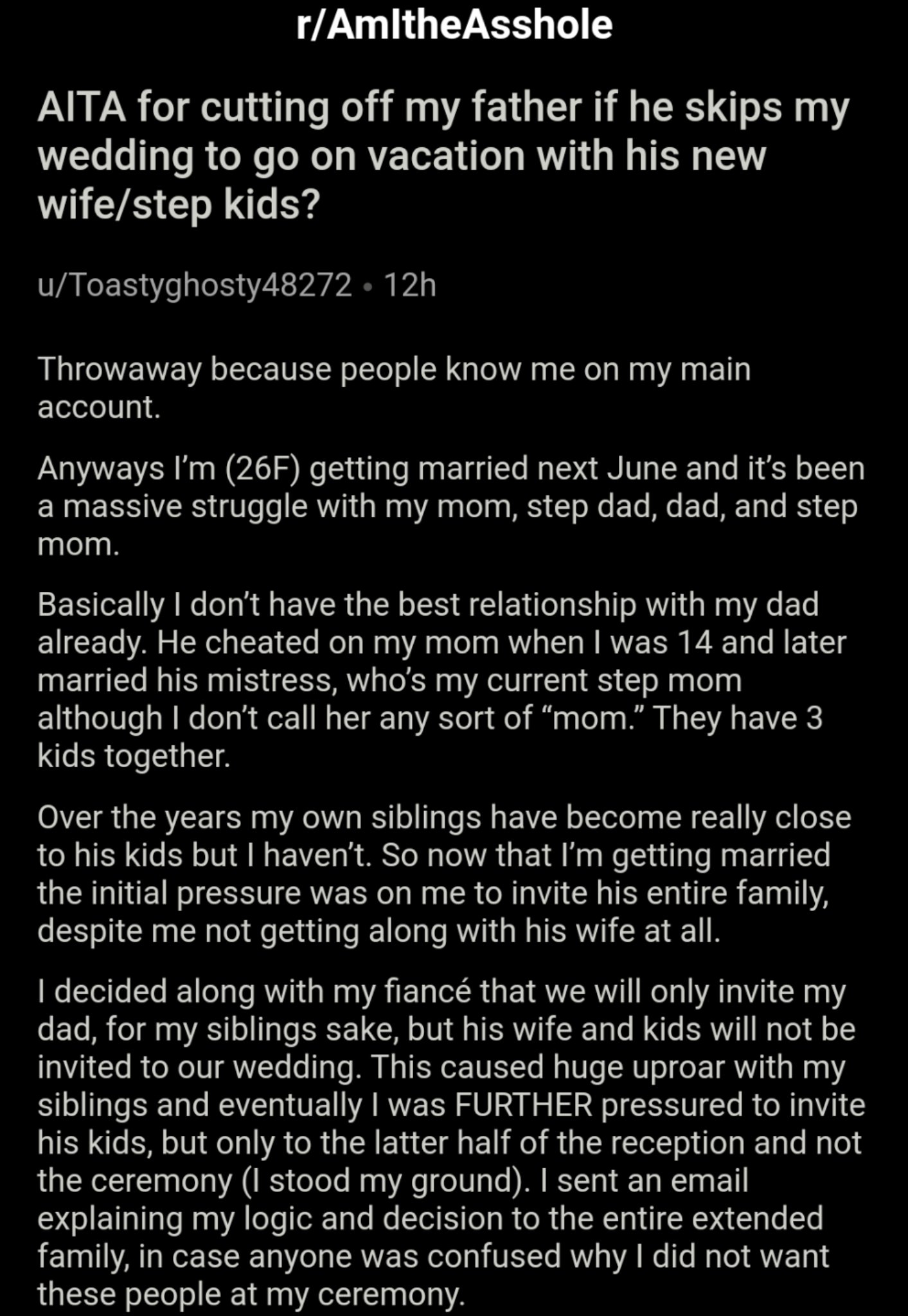 Am I The Asshole On Twitter Aita For Cutting Off My Father If He Skips My Wedding To Go On Vacation With His New Wife Step Kids Https T Co P8eiu0l251 Https T Co Sxdfknt5ta Twitter