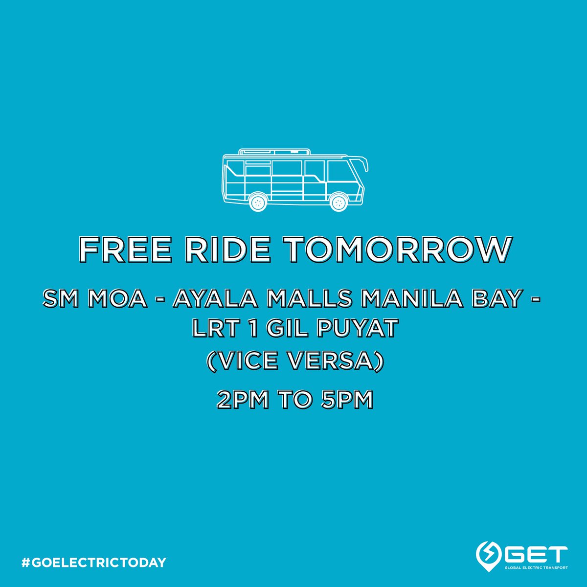 GET_COMET's tweet image. FREE RIDE! The COMET will be offering free rides tomorrow, December 16. Our route will be from SM MOA to Ayala Malls Manila Bay to LRT 1 Gil Puyat station and vice versa from 2:00 PM to 5:00 PM. See you there! #GoElectricToday