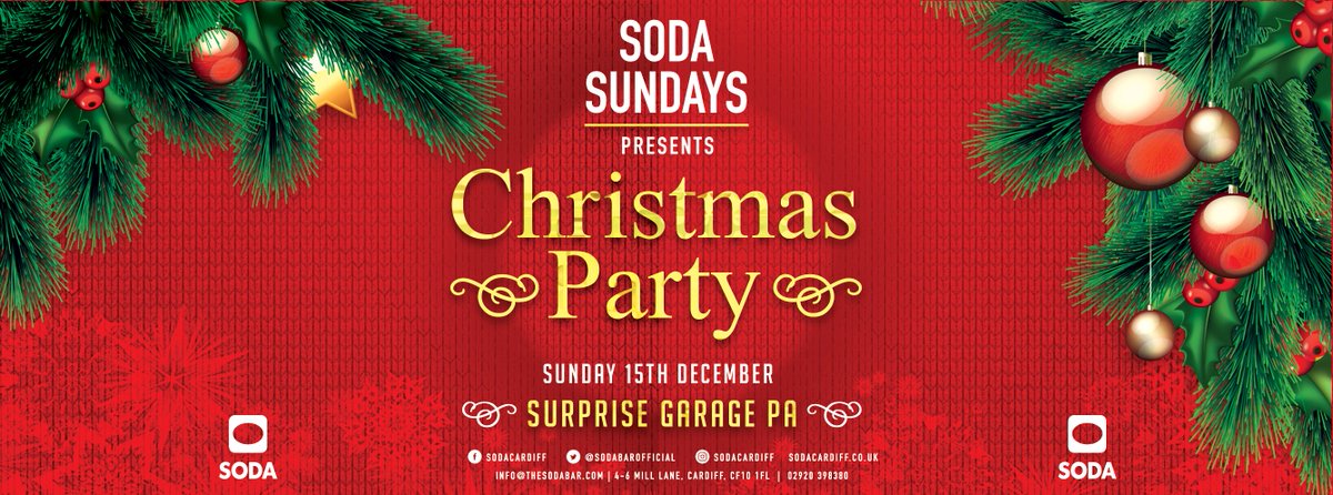 Still Standard and #theatticvip tickets available for tonight!

<a href="/SodaSundays/">Soda Sundays</a> #Christmas #Party with Surprise #Garage PA

at <a href="/SodabarOfficial/">Soda Cardiff</a> &amp; <a href="/TheAtticVIP/">The Attic VIP</a>

<a href="/EnWPromotes/">EnW Promotes - nightlife, live music and more</a>

Tickets -> fatso.ma/STDU

#sodasundays #christmasparty #cardiff #tickets