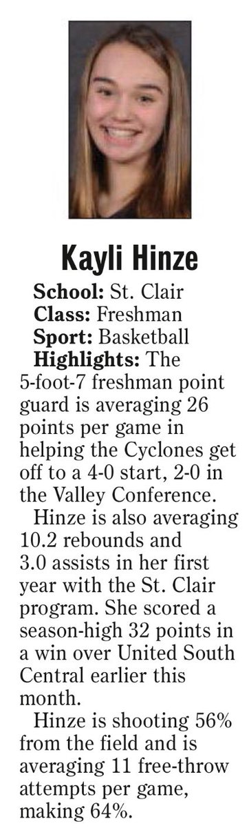 Congrats to Kayli Hinze on being selected as the Mankato Free Press Prep Spotlight Player this week! #cyclonePROUD #isd75