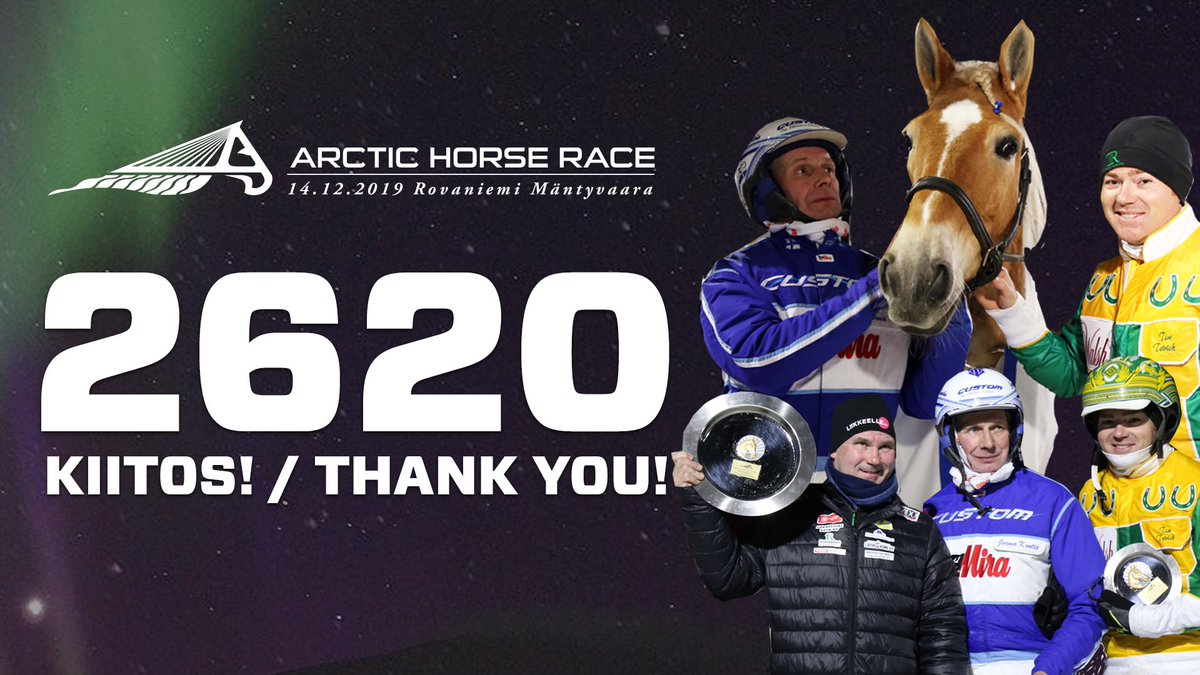 2620 kertaa kiitos! Haluamme kiittää kaikkia Arctic Horse Racessa mukana olleita urheilijoita, talkoolaisia, yleisöä ja yhteistyökumppaneita! #ravit #trav #harnessracing #LeTrot <a href="/raviurheilu/">Raviurheilu - Suomen Hippos</a> <a href="/VisitRovaniemi/">Visit Rovaniemi</a> <a href="/totopelit/">Toto-pelit</a> <a href="/tetrickracing/">Tim Tetrick</a>