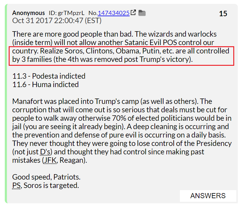 58) To make an accurate assessment, we need to examine other posts and analyze the information Q provided.In this post, Q informed us that the world's politicians are controlled by 3 families.