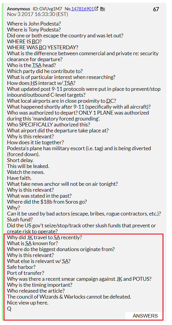 60) On November 3rd, Q asked about Jared Kushner's trip to Saudi Arabia and what that country is known for. He asked where the biggest political donations come from—another hint that at the time, Saudi Arabia controlled U.S. politicians.