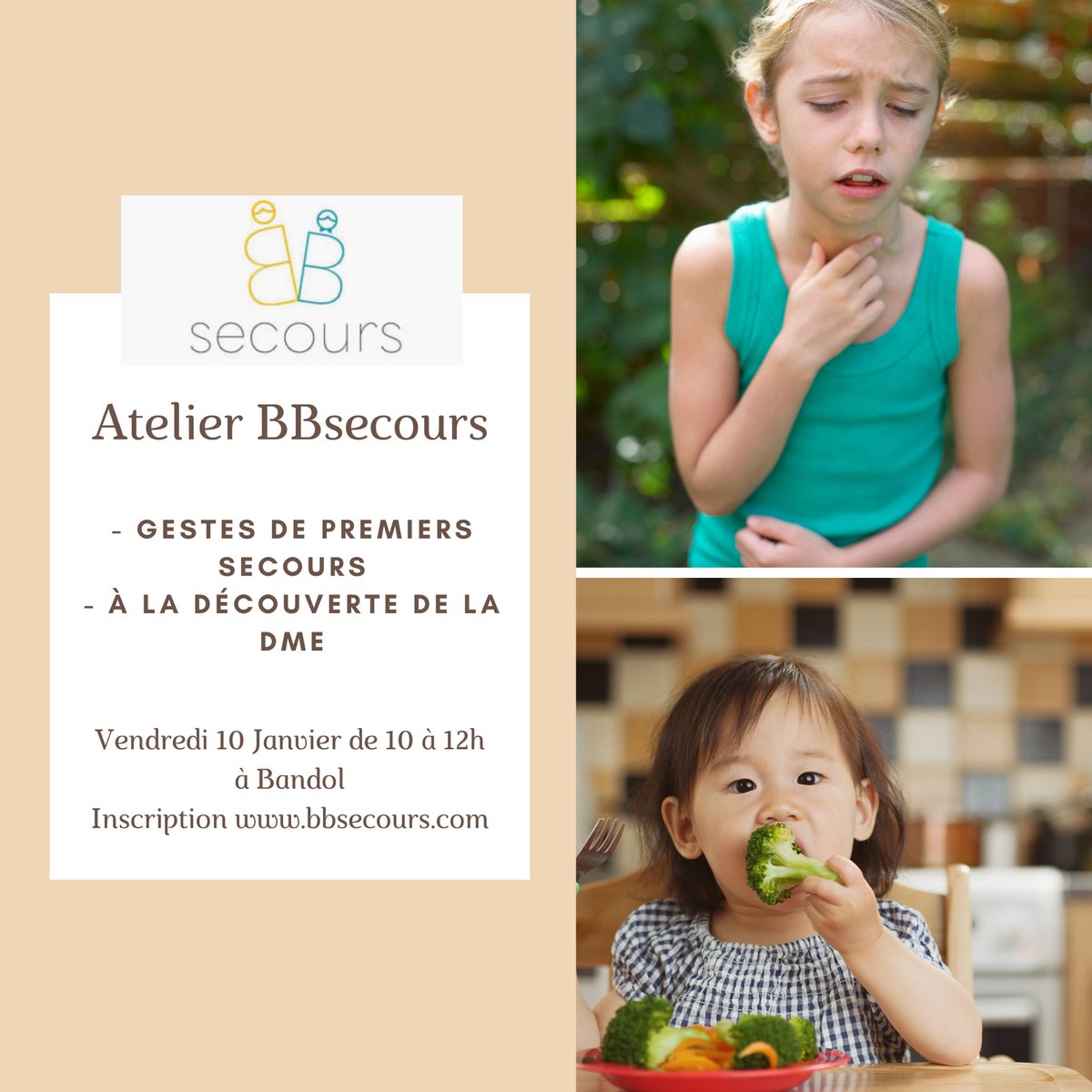 bbsecours's tweet image. Atelier BBsecours “gestes de premiers secours” ou “À la découverte de la DME” au tarif préférentiel de 50€ en individuel ou en couple au lieu de 60€! Au cœur de Bandol, à 200m du port et des boutiques. Parking gratuit 3h00. Inscription sur le site BBsecours.