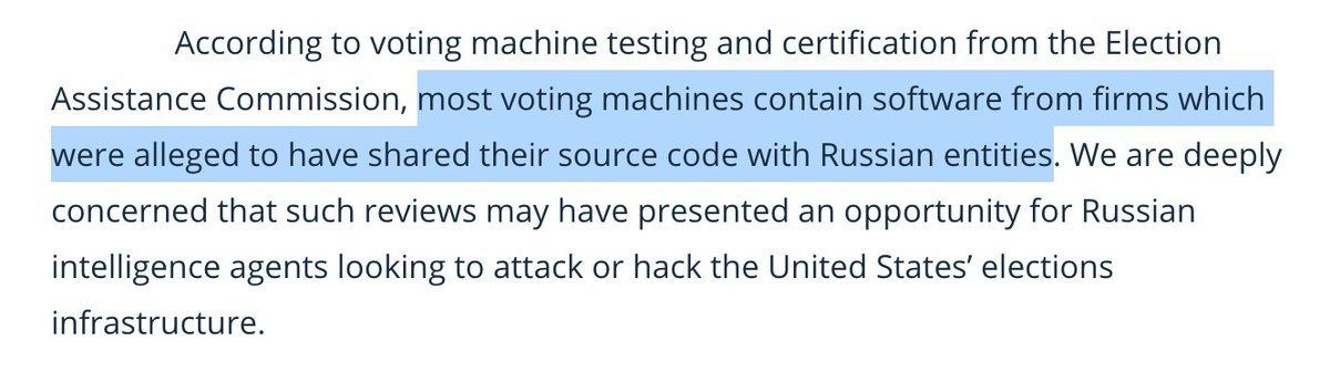 124/ In 2018, Senators Amy Klobuchar and Jeanne Shaheen wrote a letter to ES&S, Dominion Voting Systems and Hart Intercivic asking if they had allowed Russian officials to review their software code.