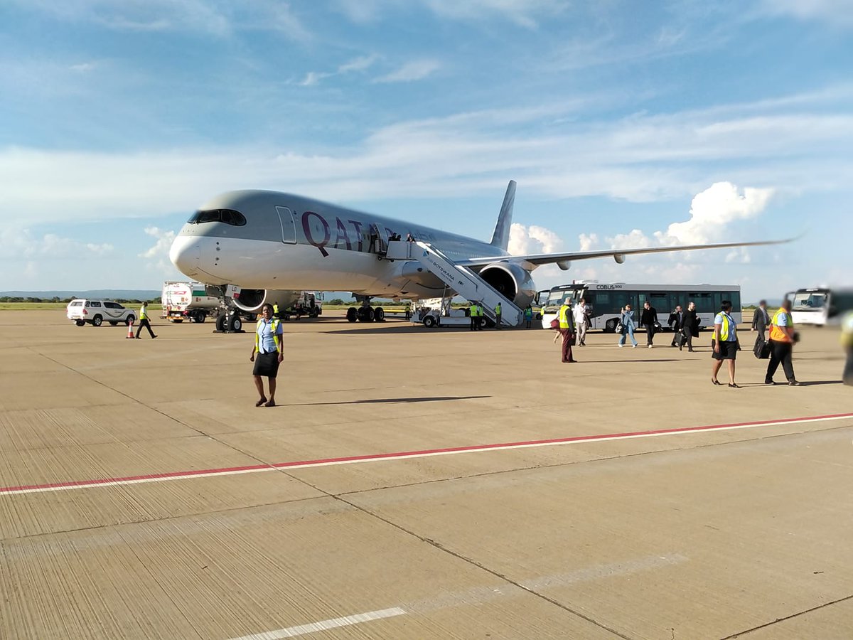 BWGovernment's tweet photo. QATAR AIRWAYS LANDS IN BOTSWANA

Qatar airways makes its maiden landing of QR1377 in Gaborone, Botswana this afternoon at 1645hrs . https://t.co/4r5YEQIDmA