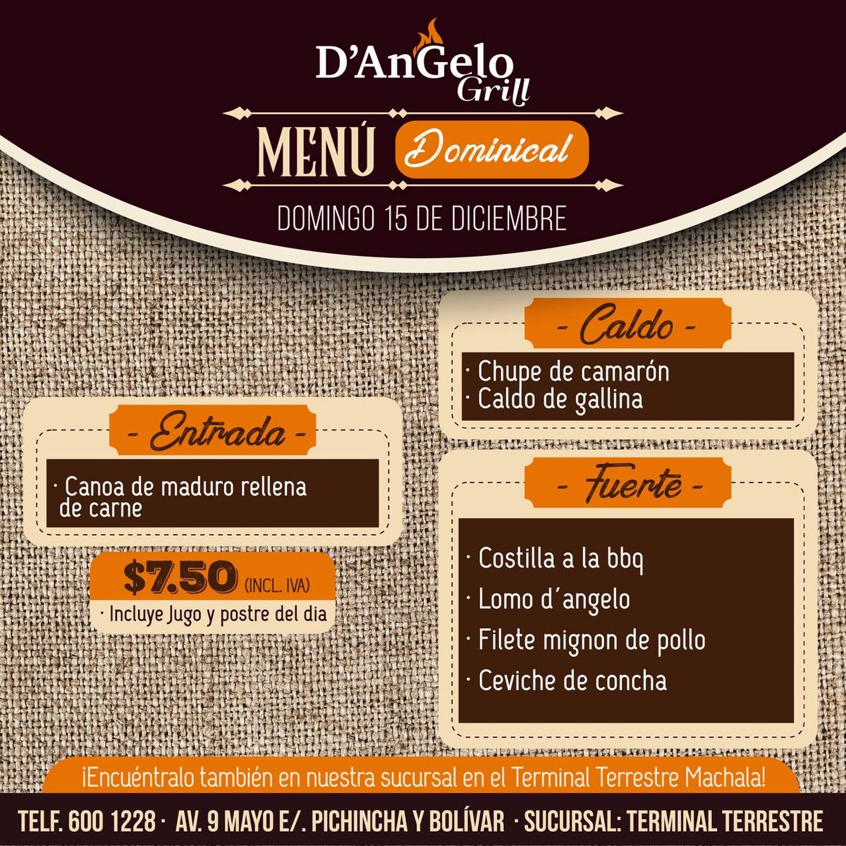 DAngeloGrill's tweet photo. Disfruta este menú dominical con tu familia o con amigos y no te quedes con las ganas de probar nuestras delicias.
Te esperamos. 🍖🥓
Av. 9 de Mayo e/. Pichincha y Bolívar
Sucursal: Terminal Terrestre
☎07-6001228
.
#Machala #Dangelogrill #MenuDominical https://t.co/L1A1wMUePg