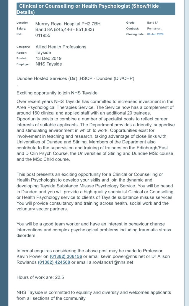 HealthPsyScot's tweet photo. Exciting permanent Health Psychologist position (Band 8a) in a Substance Misuse Psychology Service with NHS Tayside. Further details here: https://t.co/rabQOW7diI 
 @NHSTayside , #Dundee @divhealthpsych https://t.co/tdqvv8oSXn
