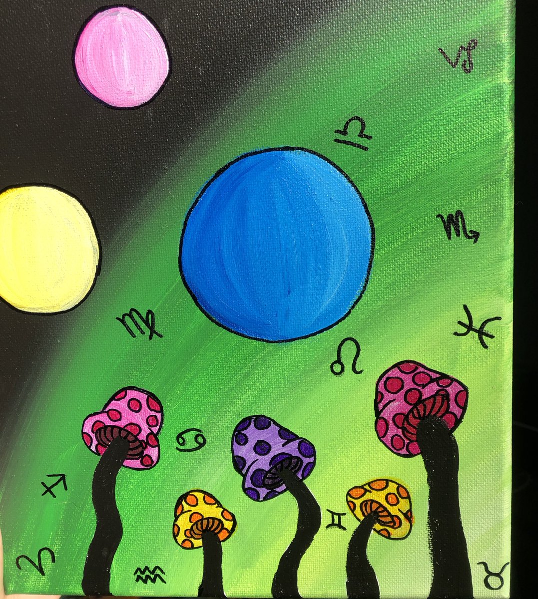 ‘Zodiac Mushrooms’ up for sale!! Link in bio!🌝🍄 #artforsale #mushroompainting #spacepainting #trippypainting #acrylicpainting #painting #smallshop