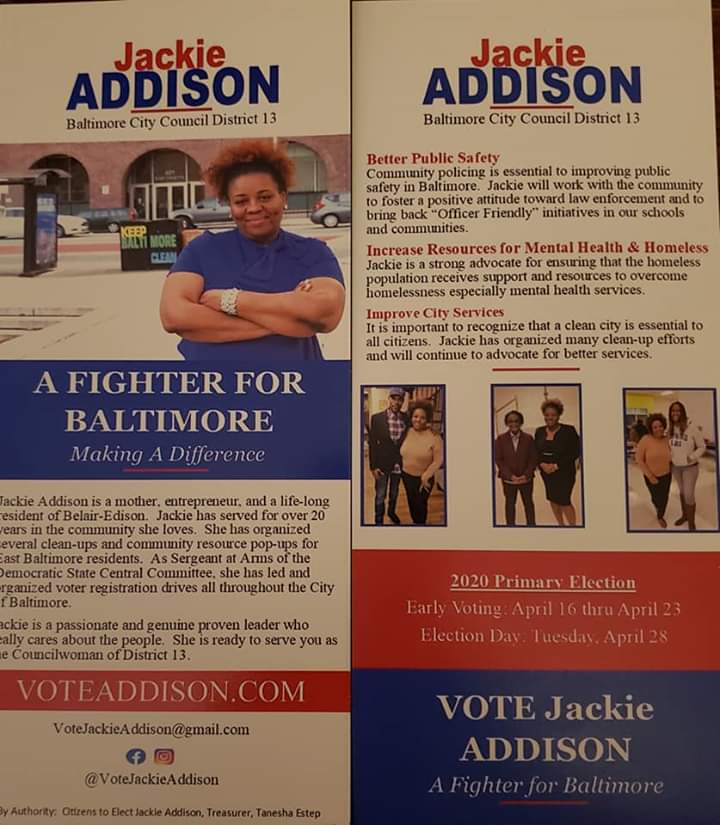 Stinnett_41st's tweet photo. Jackie Addison is definitely a game changer. A fighter for Baltimore and THE candidate who will make an immediate impact and a difference maker in Baltimore City. VOTE Jackie Addison for Councilwoman in the 13th District. #VoteAddison https://t.co/x64cHqHCVI