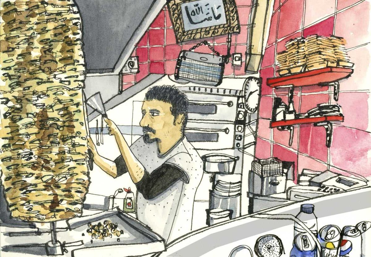 Tunnelbreeze's tweet image. Mughli and Atlas Shawarma by Len Grant. Illustrations of Manchester's "Curry Mile" tunnelbreeze.com #Manchester #illustratiion