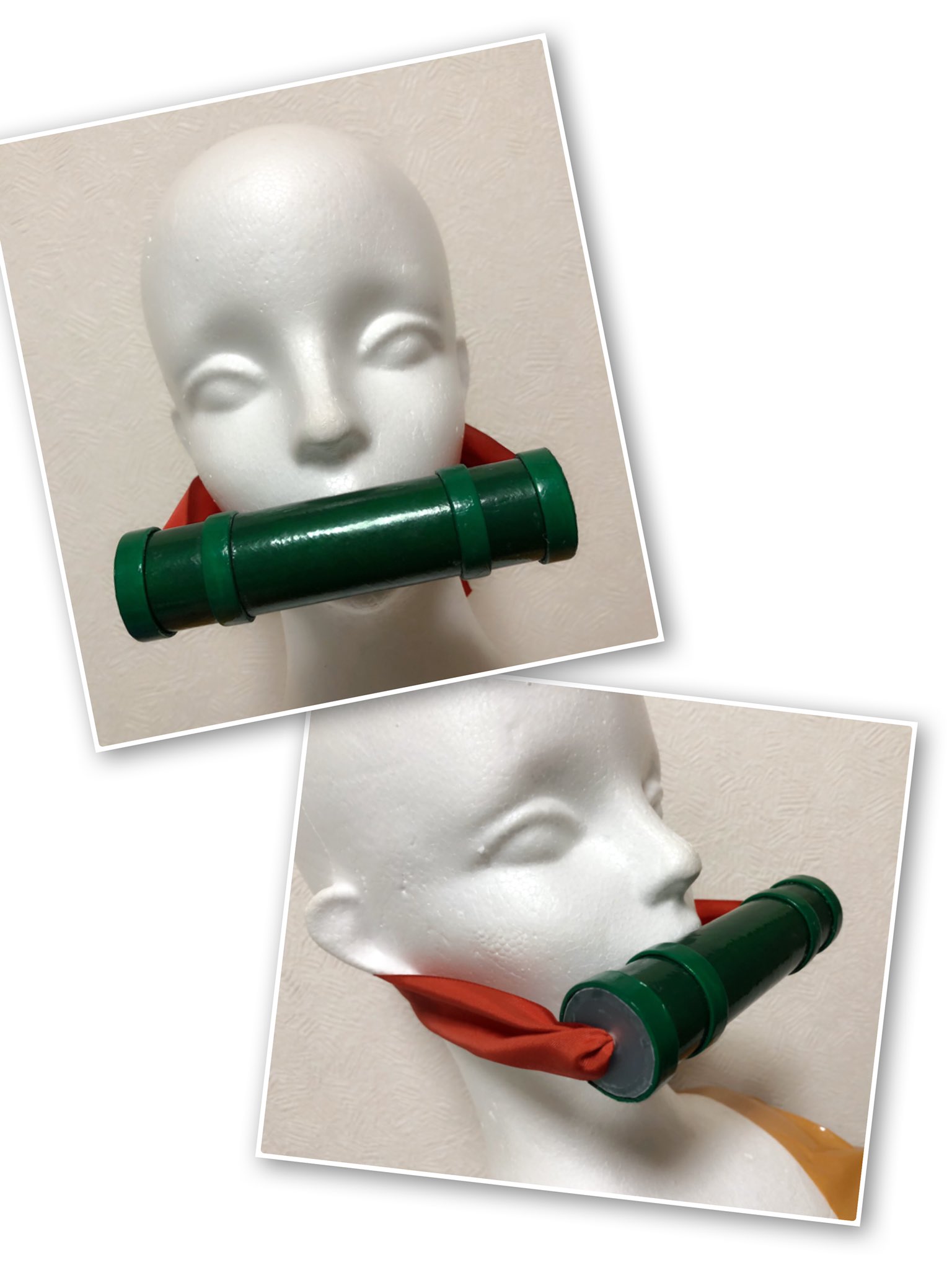 浅葱にゃら 百均の商品で禰豆子の竹筒 口枷 を作りました 緑のところはセロハンだから ウエットティッシュで拭けば口でくわえても大丈夫 絵の具で塗ってないから顔につく心配もなし 作り方で悩んでいたら是非参考にして欲しいです