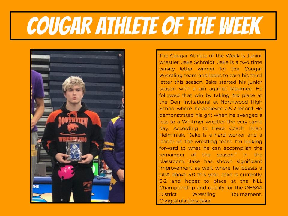 Congratulations Jake Schmidt‼️ 
🔸Cougar Athlete of the Week🔸