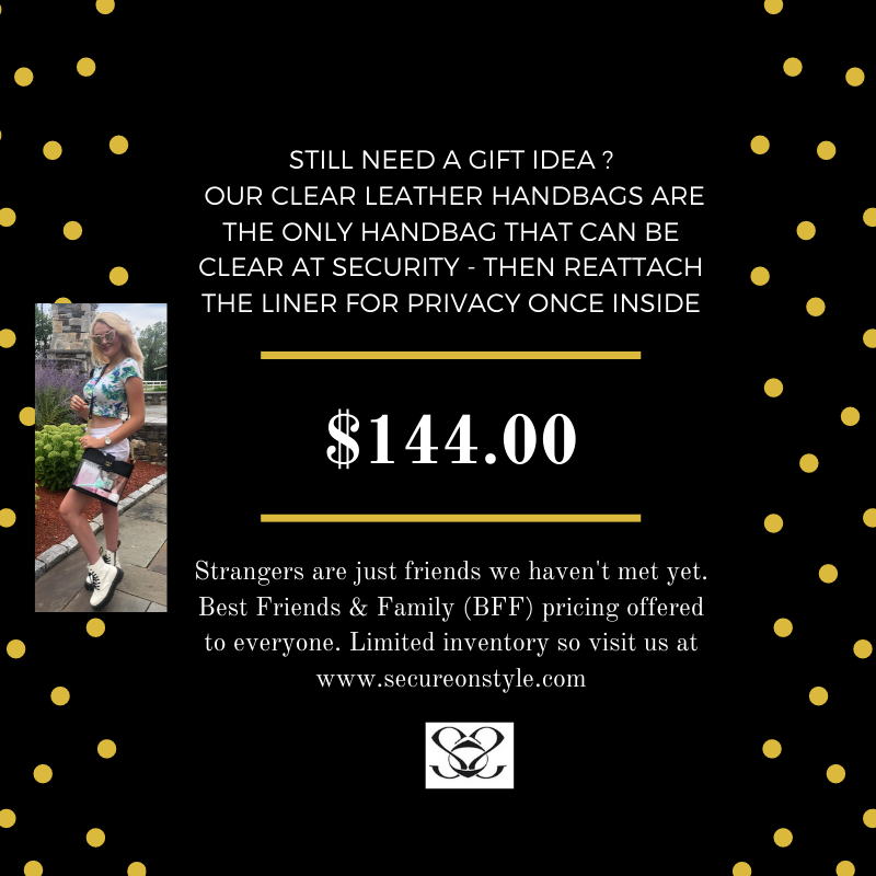 SecureOnStyle's tweet image. Still need a #LastMinuteGifts idea? Sport's events require clear bags. Give the gift of security &amp;amp; privacy with the #SOS Clear leather handbag at #BFF pricing. #NFLSunday