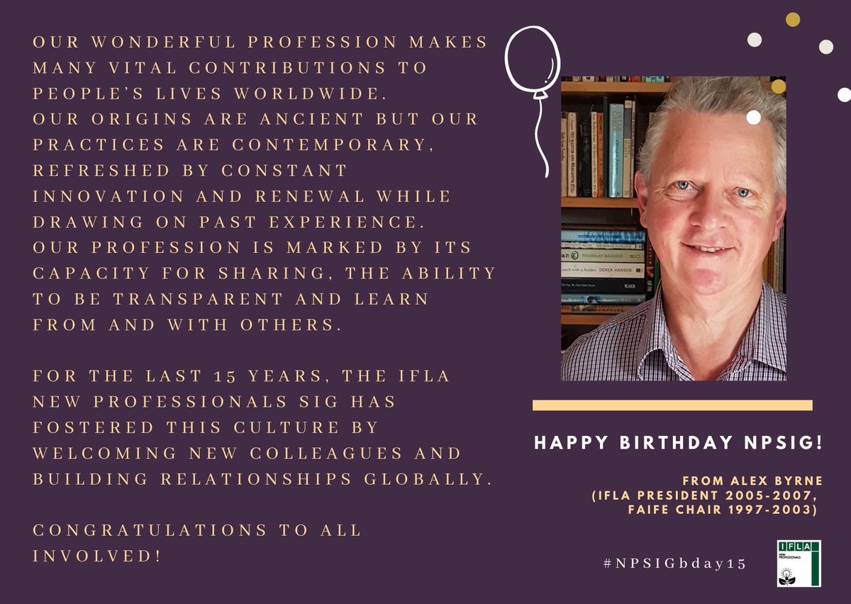 azoubig's tweet photo. RT #wlic2019 🎉#NPSIGbday15: Our wonderful profession makes many vital contributions to people’s lives worldwide. Our origins are ancient but our practices are contemporary, refreshed by constant innovation and renewal while drawing on past experience… https://t.co/PxSalq1mgc