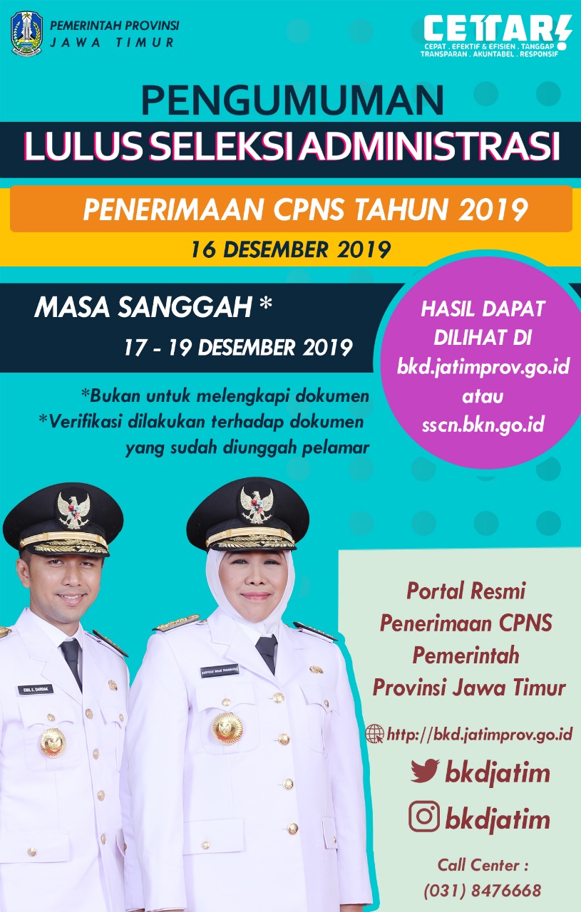 Official Bkd Jatim On Twitter Selamat Pagii Sobatjatim Pengumuman Lulus Seleksi Administrasi Penerimaan Cpns Tahun 2019 Https T Co Dcp7bcqhzn Kamu Yg Tms Bisa Manfaatkan Masa Sanggah Ya Cek Dan Teliti Sebelum