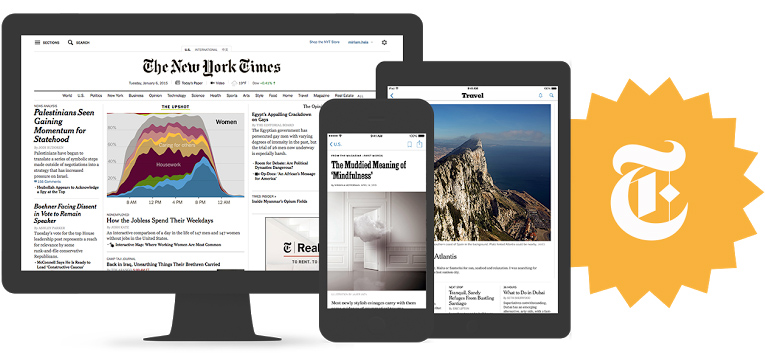 a computer screen, tablet and phone all displaying the front webpae of the New York Times