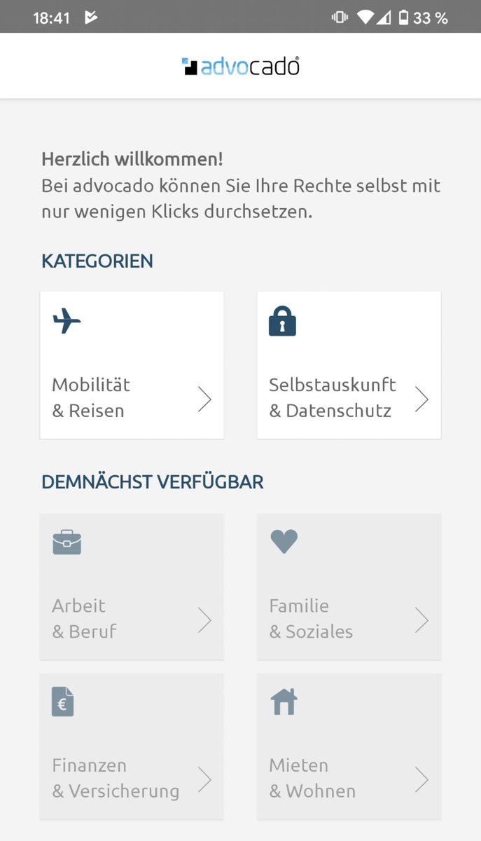 NicoKuhlmann's tweet photo. Wer sich dieses Jahr noch eine #legaltech-App auf das Handy ziehen möchte, dem sei die gerade veröffentlichte App von @advocado ans Herz gelegt. Bisher mit Kategorien für Mobilität &amp; Reisen sowie Selbstauskunft &amp; Datenschutz. #justiceasaservice Android: https://t.co/eHFykE0ZYq https://t.co/PjAPLq20sA
