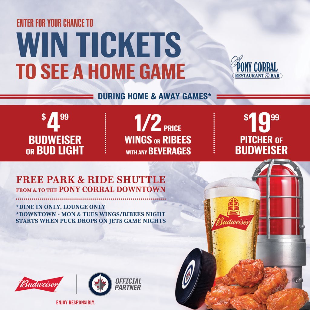 PonyCorral's tweet photo. It’s cold outside? We provide Free park & shuttle to & from the home games 🚌 Chance to WIN a pair of Jets game plus enjoy 4.99 Bud & 1/2 price wings during the game 🍺 #gojetsgo #gowpg #gowpggo #winnipegjets #nhl #sportbar #winnipegbar #winnipeg #wearewinnipeg https://t.co/TVKAcWGuGB