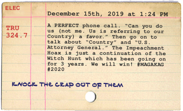 A PERFECT phone call. “Can you do us (not me. Us is referring to our Country) a favor.” Then go on to talk about “Country” and “U.S. Attorney General.” The Impeachment Hoax is just a continuation of the Witch Hunt which has been going on for 3 years. We will win! #MAGAKAG #2020