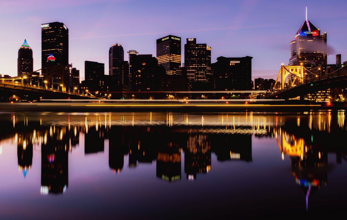 I've shared a bunch of Christmas/moon images lately, so here's one that features neither of those. This is from last week on the North Shore of #Pittsburgh, where a barge crossed while I was capturing the perfectly still rivers, adding some dynamic light trails through the scene.