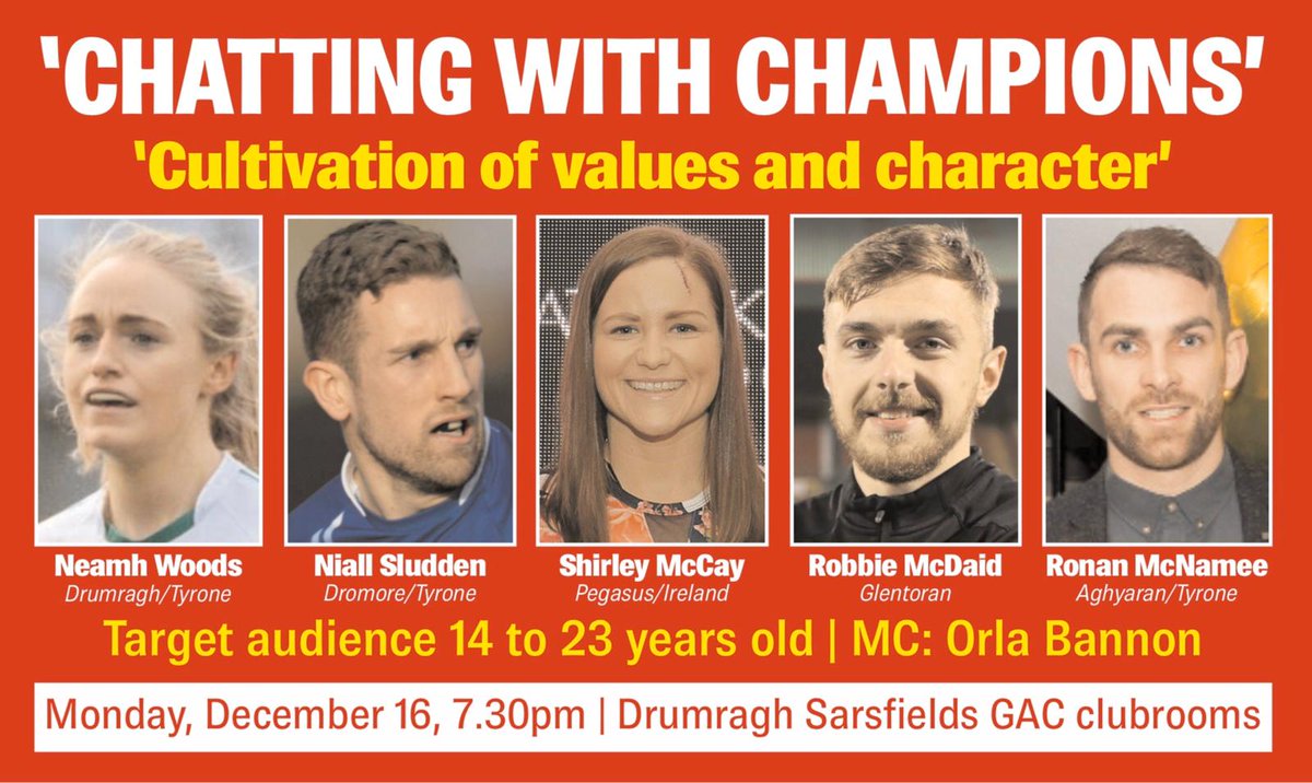 Lilyokane3's tweet image. Monday 730pm in Clanabogan five local sportstars will pass on advice about wellbeing in sport.  We encourage the young players of all local sports clubs to come along.